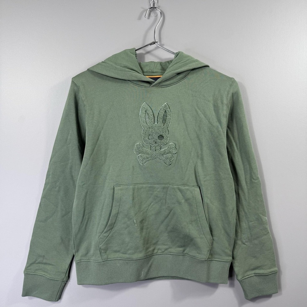 NWT Psycho Bunny Hoodie Kids 10-12 Green Bunny Logo Pullover Embroidered